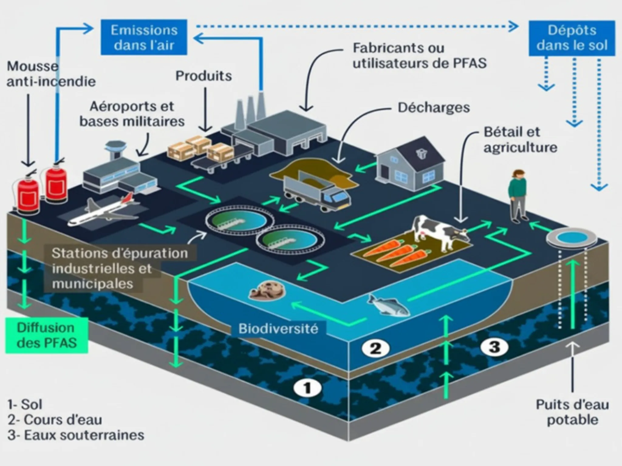 Vue d’ensemble des voies d’émission et de dispersion des PFAS et d’exposition aux PFAS